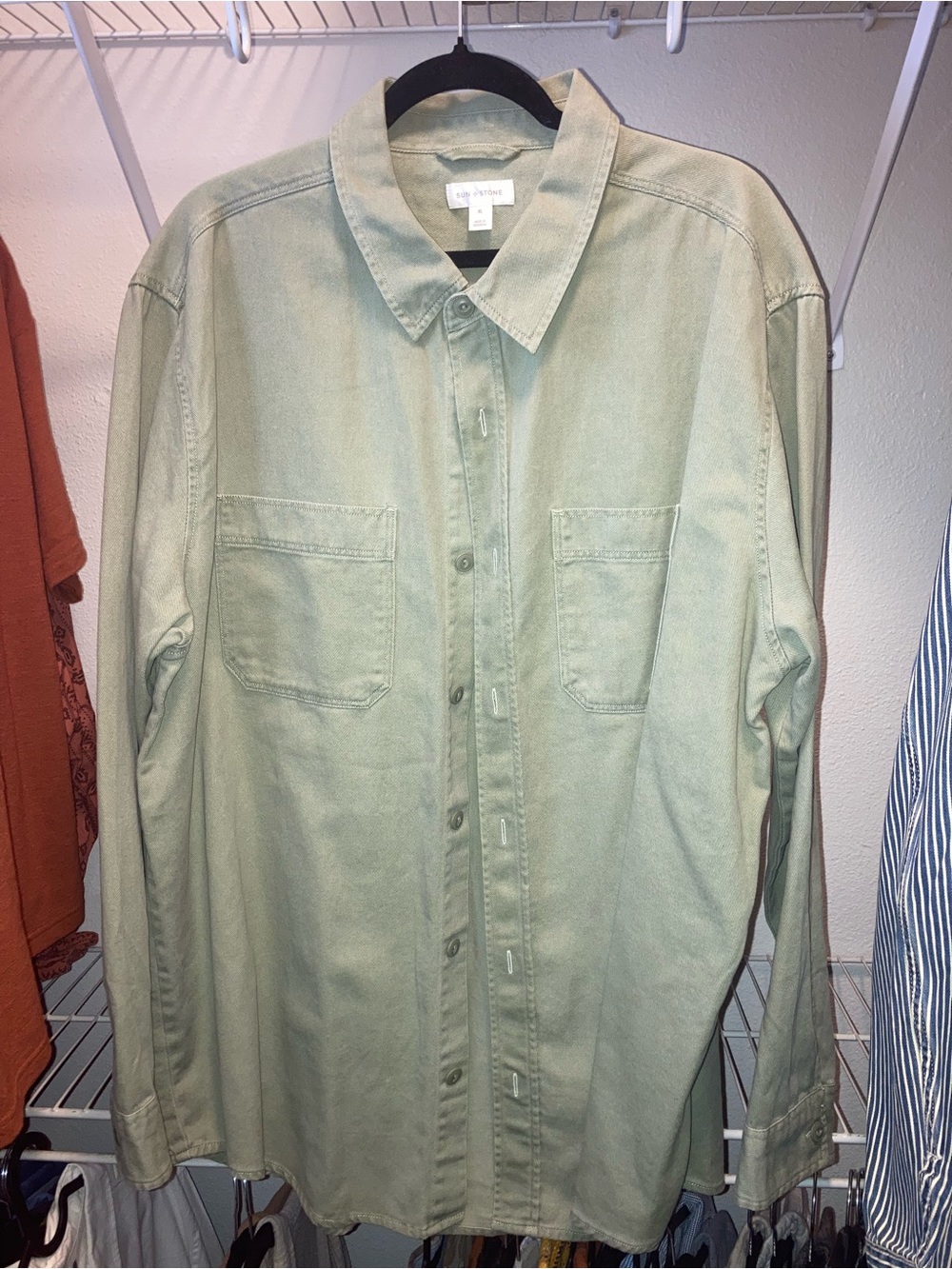 Sun + Stone Light Sage Green Men's Casual Button-Down Denim Work Shirt